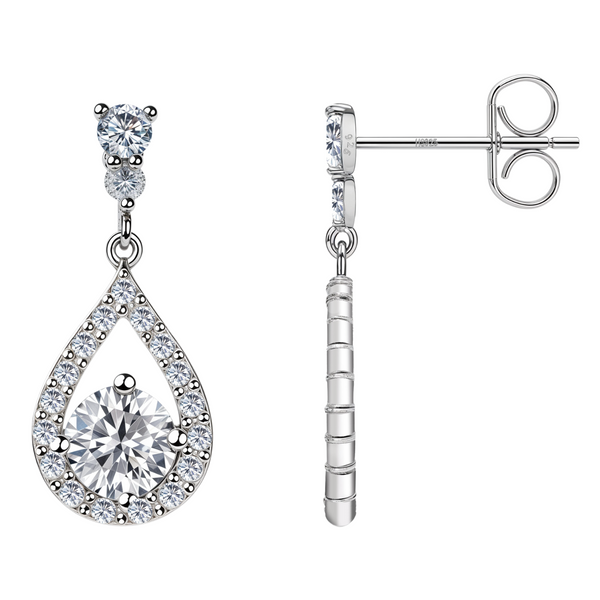 Sterling silver dangle earrings with a teardrop halo of American diamonds and a push-back closure, shown from the front and side.