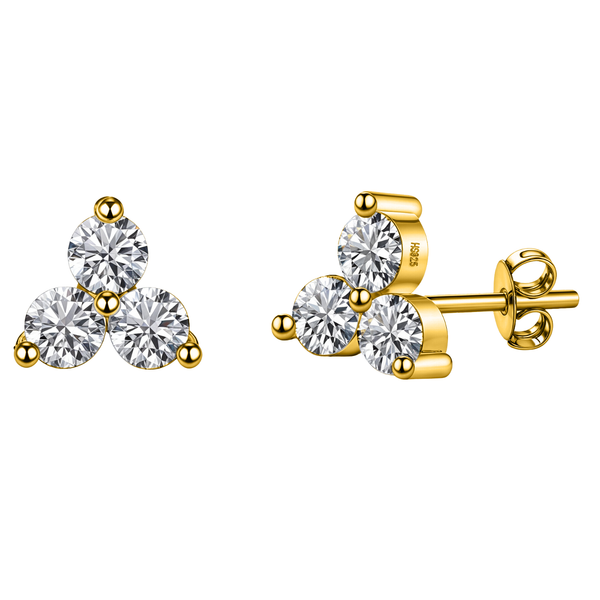 A pair of gold-plated stud earrings with three round American diamonds in a trefoil cluster, shown on a white background.