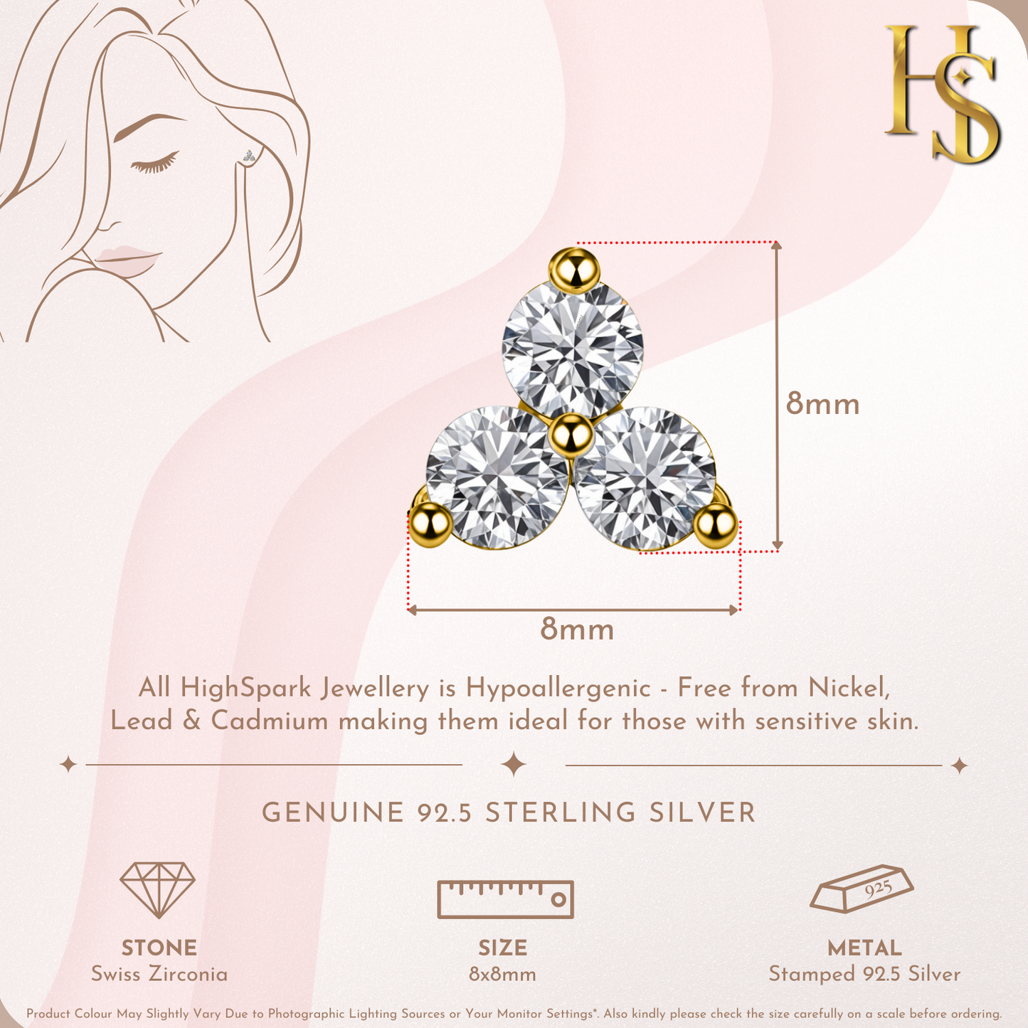 Timeless Tri Solitaire Stud Earring in 925 Sterling Silver with 18k Gold Finish For Women