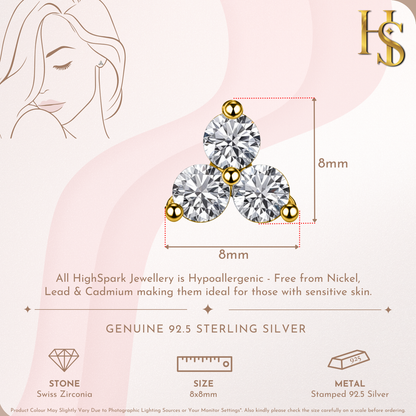 Timeless Tri Solitaire Stud Earring in 925 Sterling Silver with 18k Gold Finish For Women