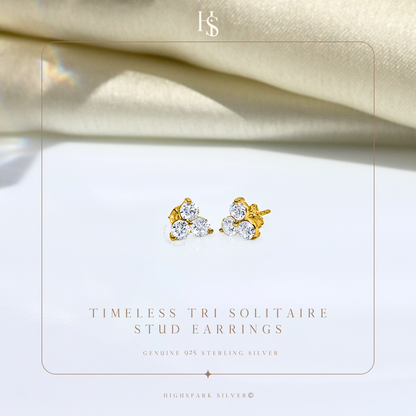 Timeless Tri Solitaire Stud Earring in 925 Sterling Silver with 18k Gold Finish For Women