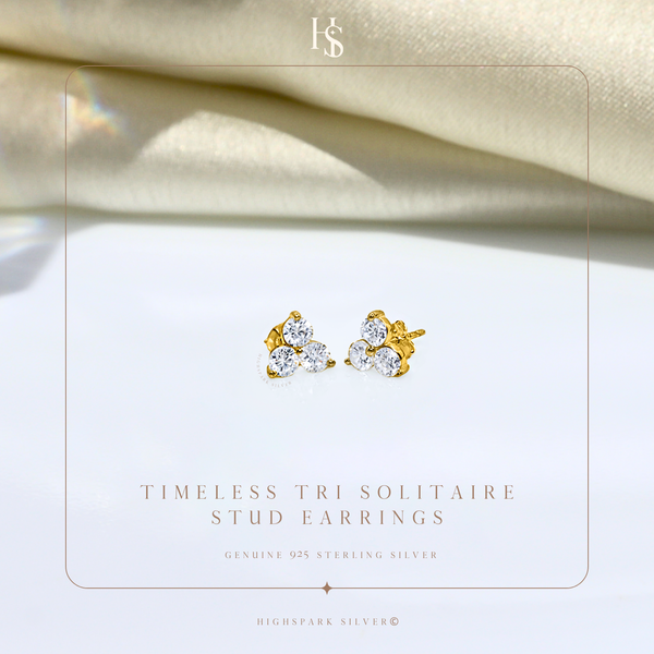Timeless Tri Solitaire Stud Earring in 925 Sterling Silver with 18k Gold Finish For Women