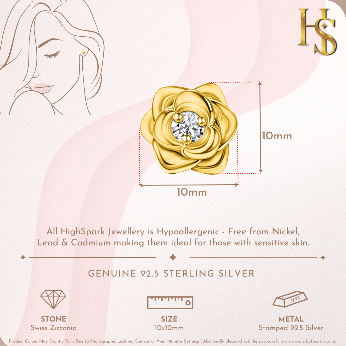 Regal Rose Solitaire Stud Earring in 925 Sterling Silver with 18k Gold Finish For Women