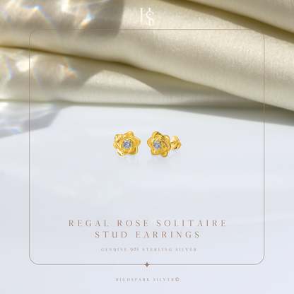 Regal Rose Solitaire Stud Earring in 925 Sterling Silver with 18k Gold Finish For Women