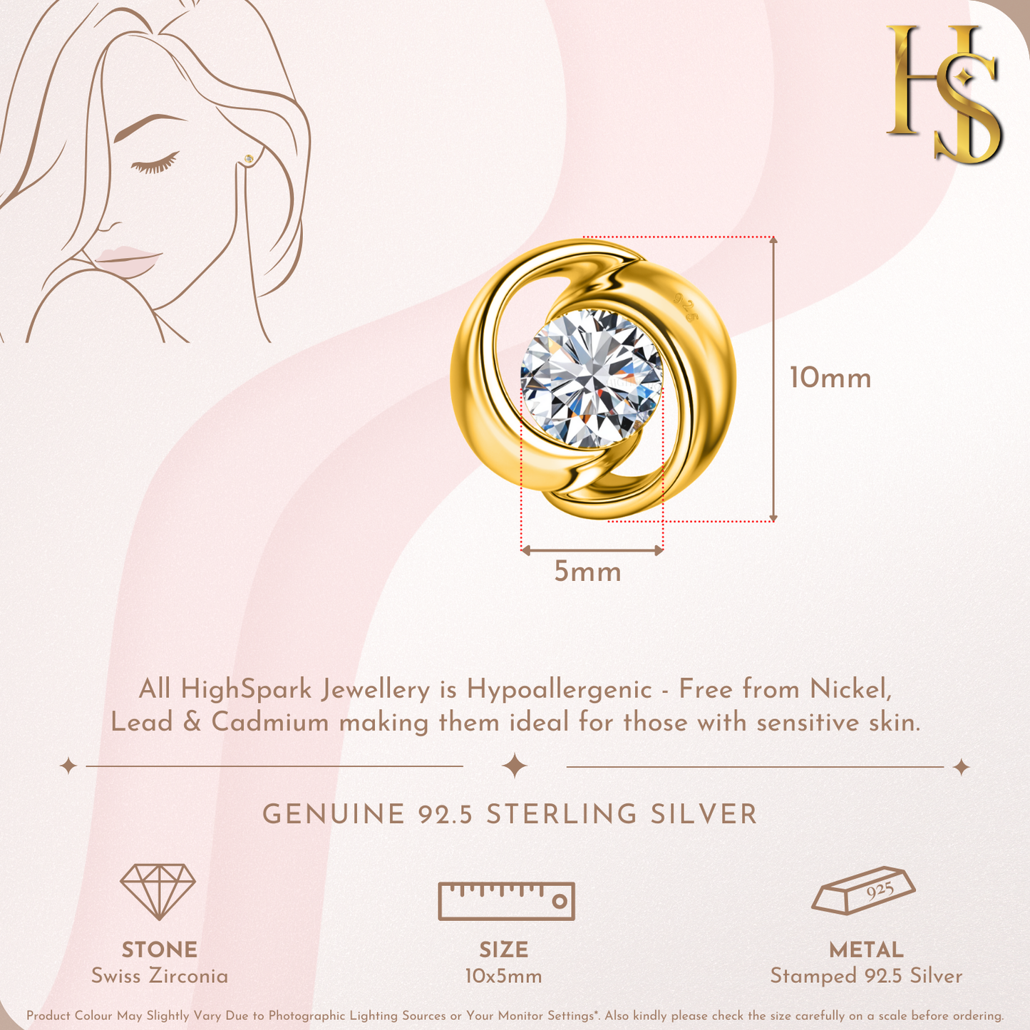 Everlasting Solitaire Stud Earring in 925 Sterling Silver with 18k Gold Finish For Women