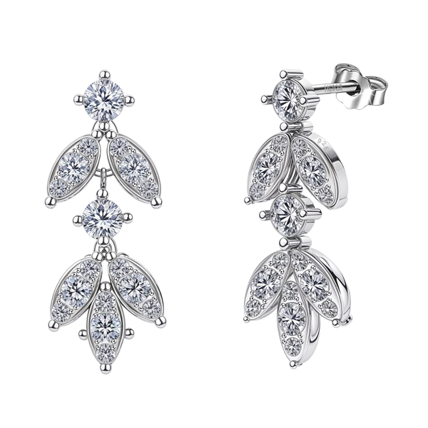 Sterling silver dangle earrings with American diamond-studded leaf clusters and round solitaires, shown on a white background.