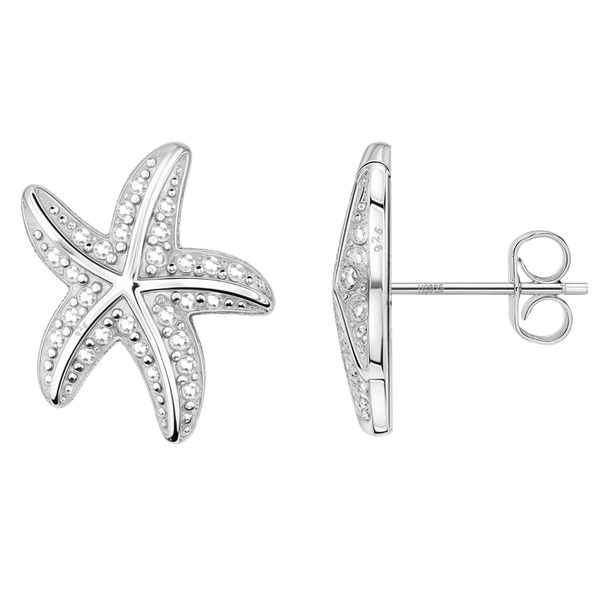 A pair of starfish stud earrings paved with tiny American diamonds in sterling silver, shown from the front and side on a white background.