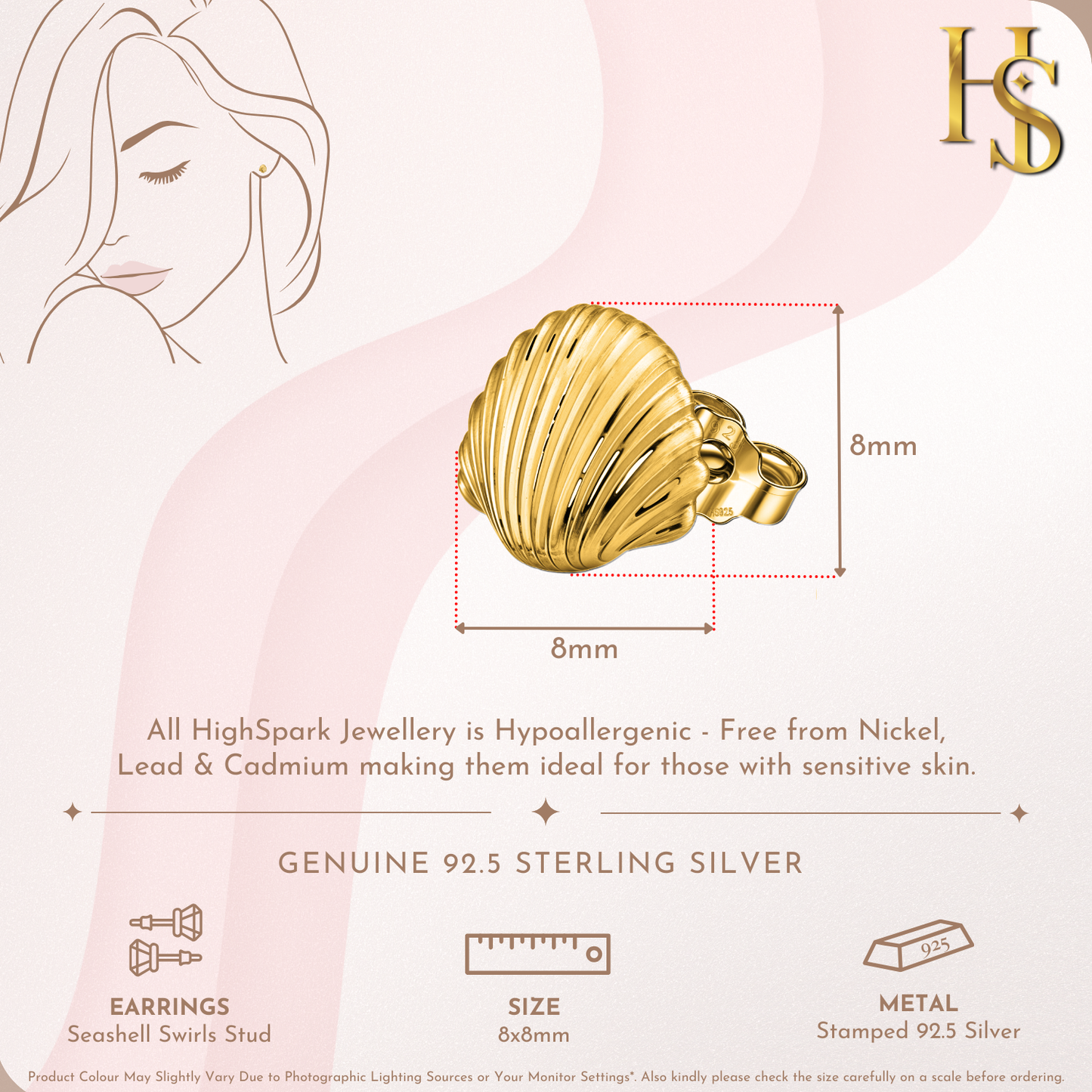 Seashell Swirls Stud Earrings in 925 Sterling SIlver with 18k Gold Finish For Women