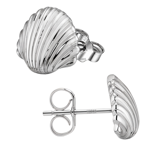 A pair of seashell-shaped stud earrings in polished sterling silver with push-back closures, shown on a white background.