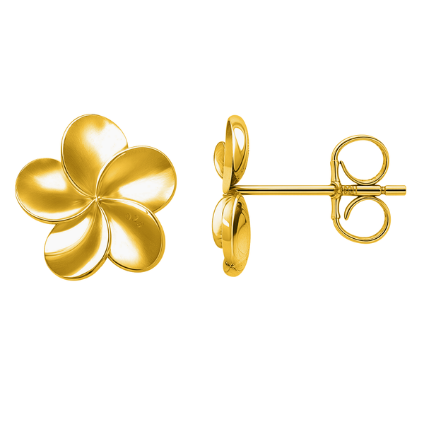 A pair of gold-plated stud earrings in a five-petal floral swirl design with a push back, shown on a white background.