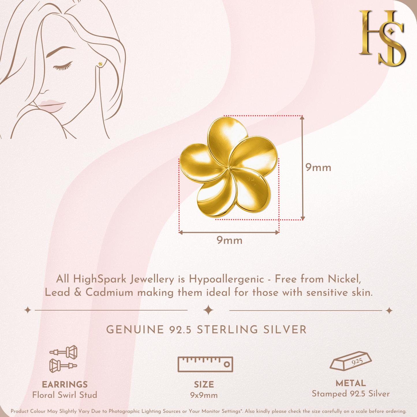 Floral Swirl Stud Earring in 925 Sterling Silver with 18k Gold Finish For Women