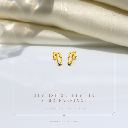 Stylish Safety Pin Stud Earring in 925 Sterling Silver with 18k Gold Finish For Women