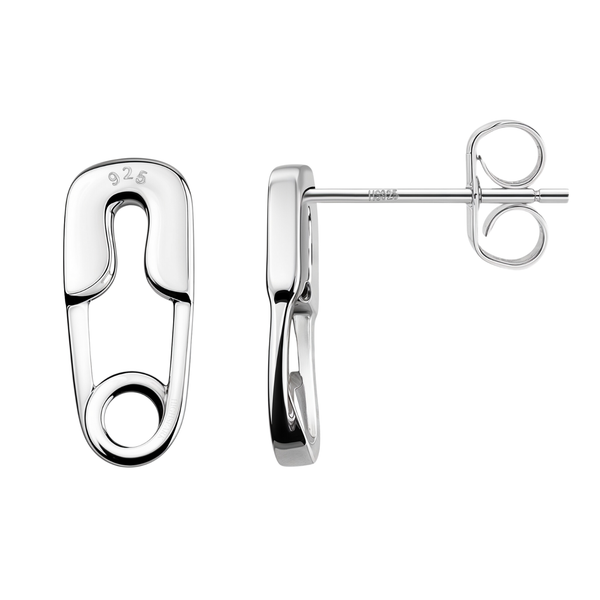 A pair of stud earrings shaped like safety pins, crafted from polished sterling silver and shown on a white background.