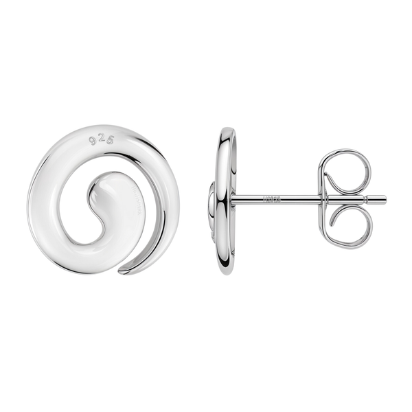 A pair of sterling silver stud earrings in a polished spiral shape, with one shown from the side to display the post and butterfly back.