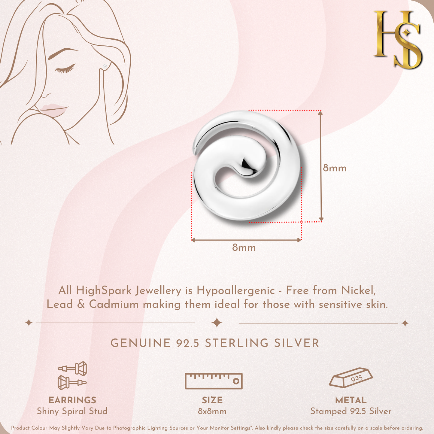 Shiny Spiral Stud Earrings in 92.5 Sterling Silver for Women