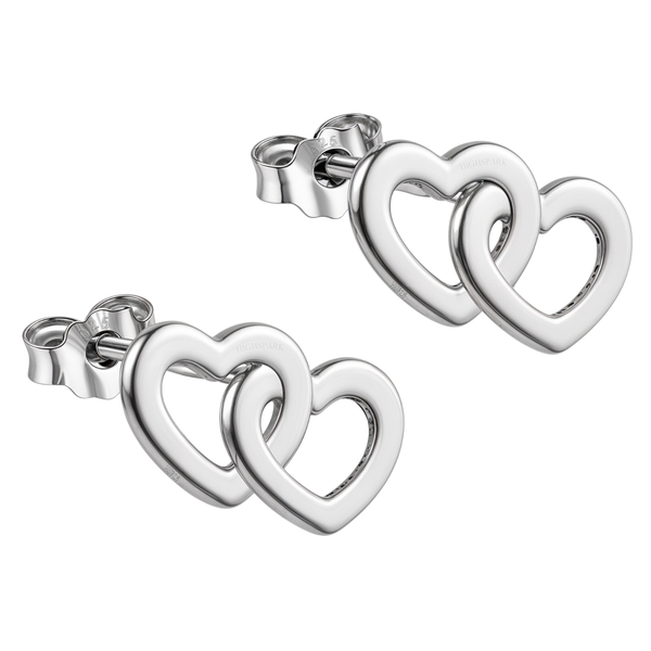 A pair of sterling silver stud earrings featuring two interlocked open hearts with pavé-set American diamonds on the inner edge.