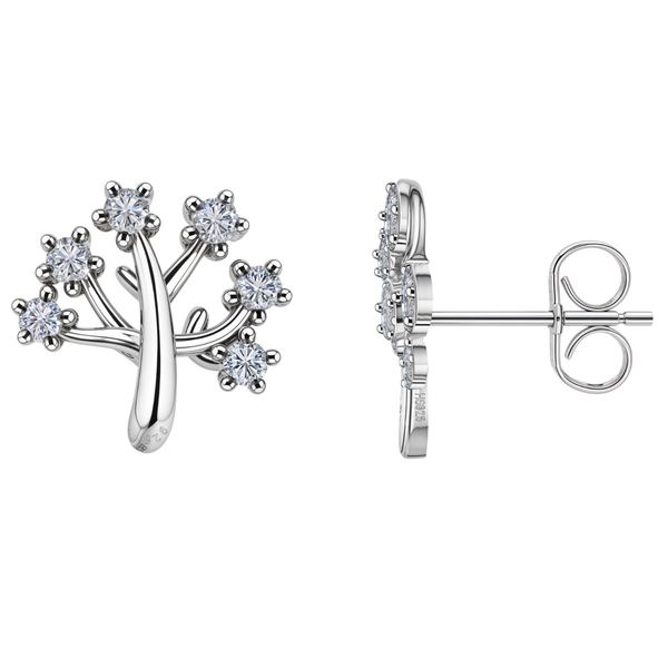 A pair of sterling silver stud earrings in a tree of life design with six-prong set American diamonds, shown on a white background.