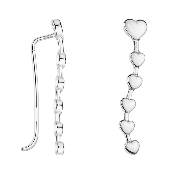 A pair of sterling silver climber earrings featuring a vertical row of six white heart motifs, shown on a plain white background.