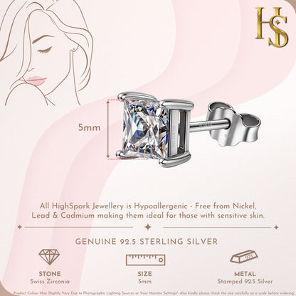 Square Solitaire Earrings with Princess Cut in 925 Sterling Silver