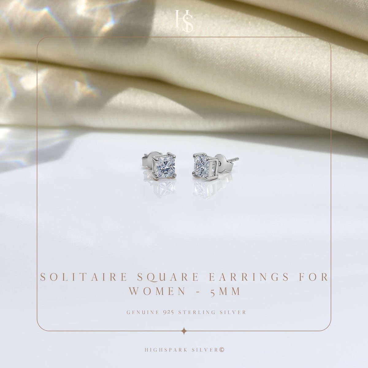 Square Solitaire Earrings with Princess Cut in 925 Sterling Silver