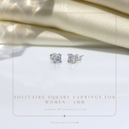 Square Solitaire Earrings with Princess Cut in 925 Sterling Silver