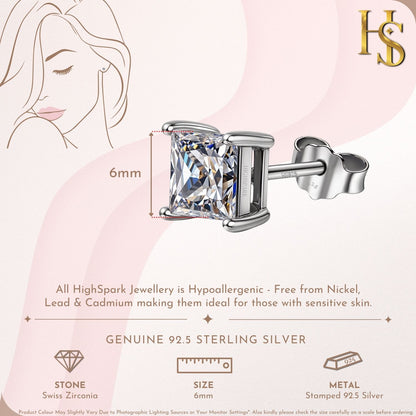 Square Solitaire Earrings with Princess Cut in 925 Sterling Silver