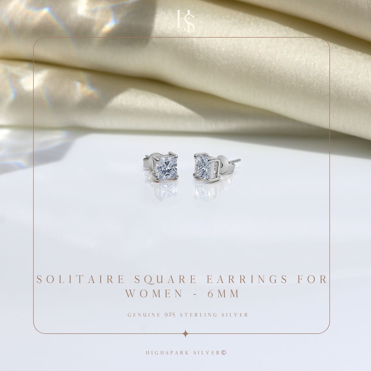 Square Solitaire Earrings with Princess Cut in 925 Sterling Silver