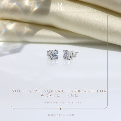 Square Solitaire Earrings with Princess Cut in 925 Sterling Silver