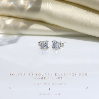 Square Solitaire Earrings with Princess Cut in 925 Sterling Silver