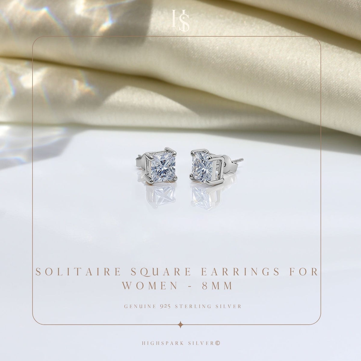 Square Solitaire Earrings with Princess Cut in 925 Sterling Silver