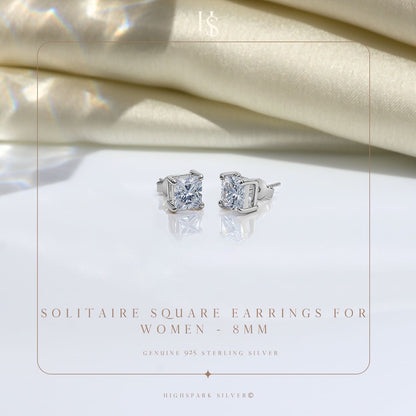 Square Solitaire Earrings with Princess Cut in 925 Sterling Silver