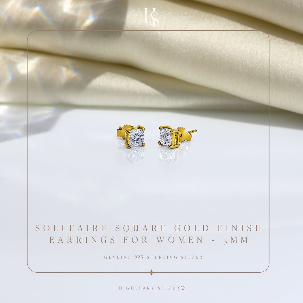 Earrings Square Shape Princess Cut in Gold-Plated Sterling Silver