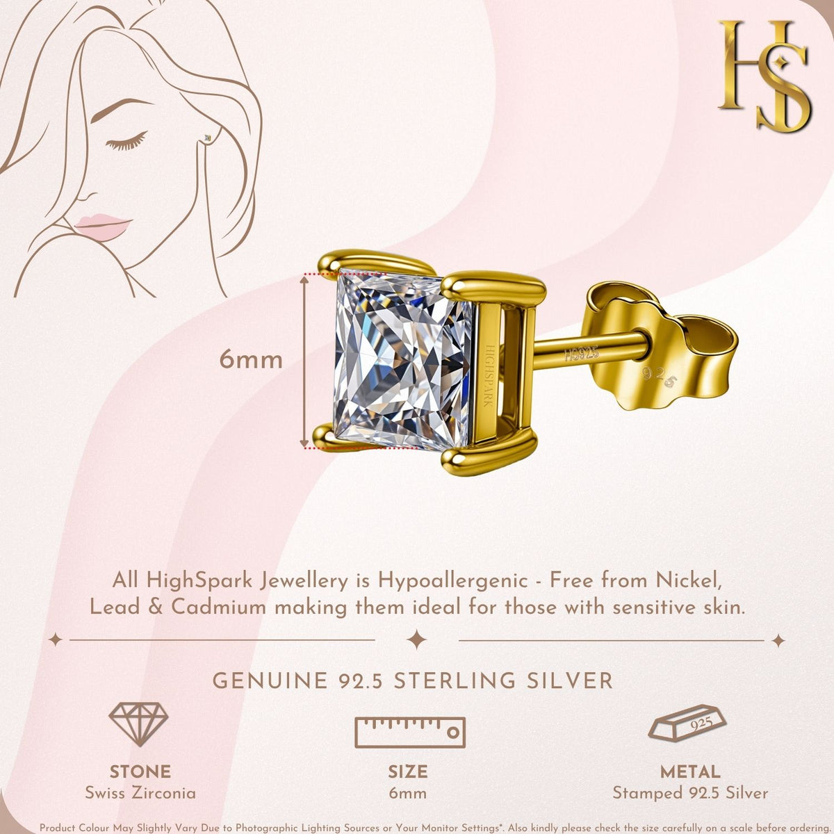 Earrings Square Shape Princess Cut in Gold-Plated Sterling Silver