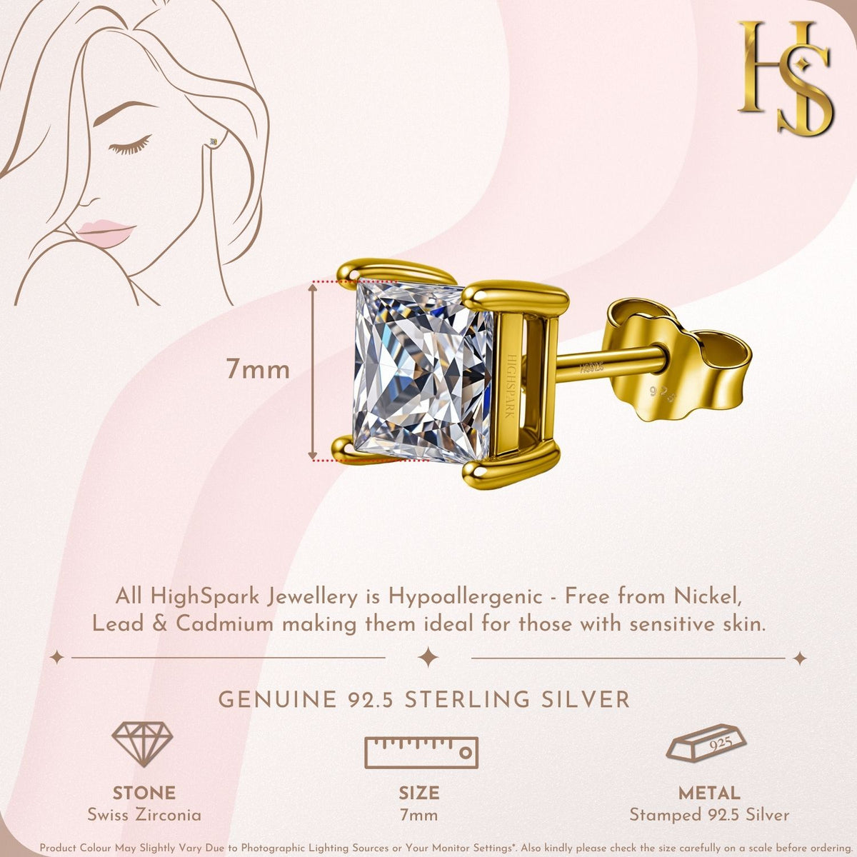 Earrings Square Shape Princess Cut in Gold-Plated Sterling Silver