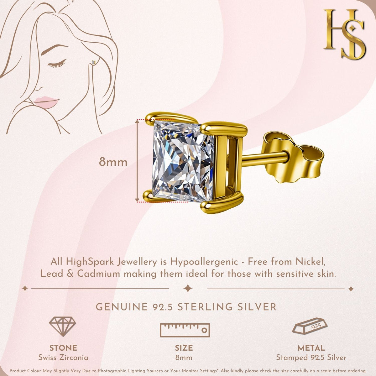 Earrings Square Shape Princess Cut in Gold-Plated Sterling Silver