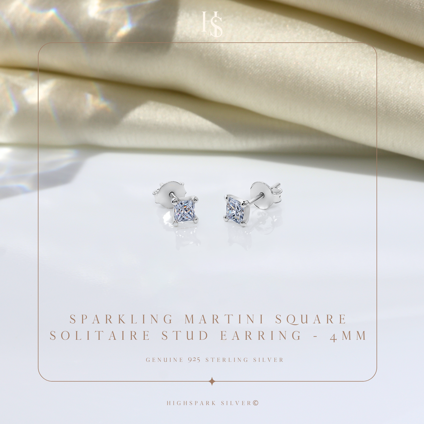 Solitaire Martini Princess Cut Studs in 925 Sterling Silver For Women