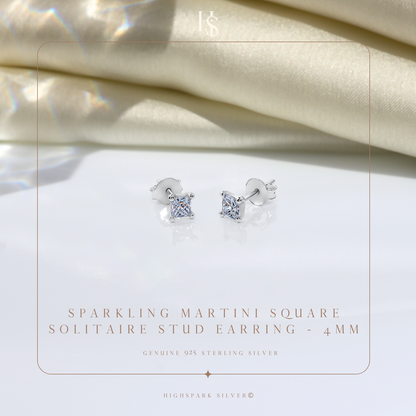 Solitaire Martini Princess Cut Studs in 925 Sterling Silver For Women