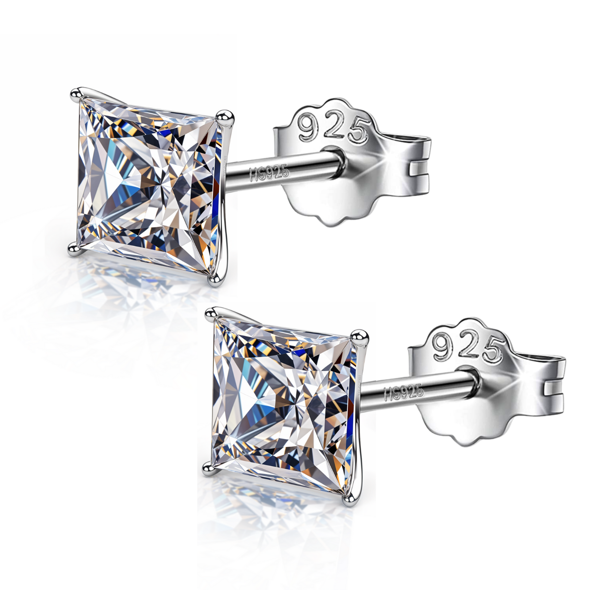 A pair of stud earrings with princess-cut American diamonds in a four-prong setting, made of sterling silver with push backs.