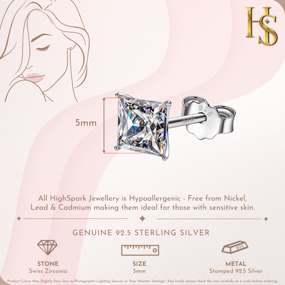 Solitaire Martini Princess Cut Studs in 925 Sterling Silver For Women