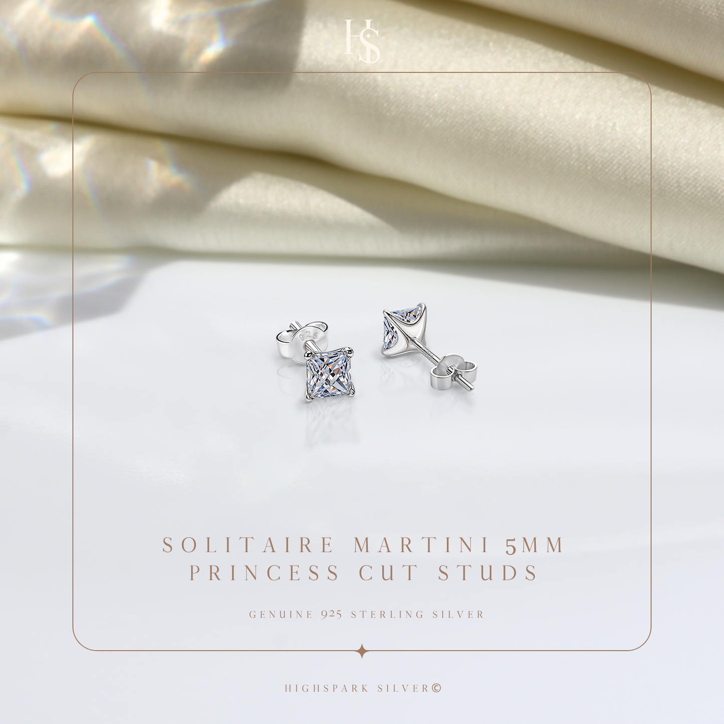Solitaire Martini Princess Cut Studs in 925 Sterling Silver For Women