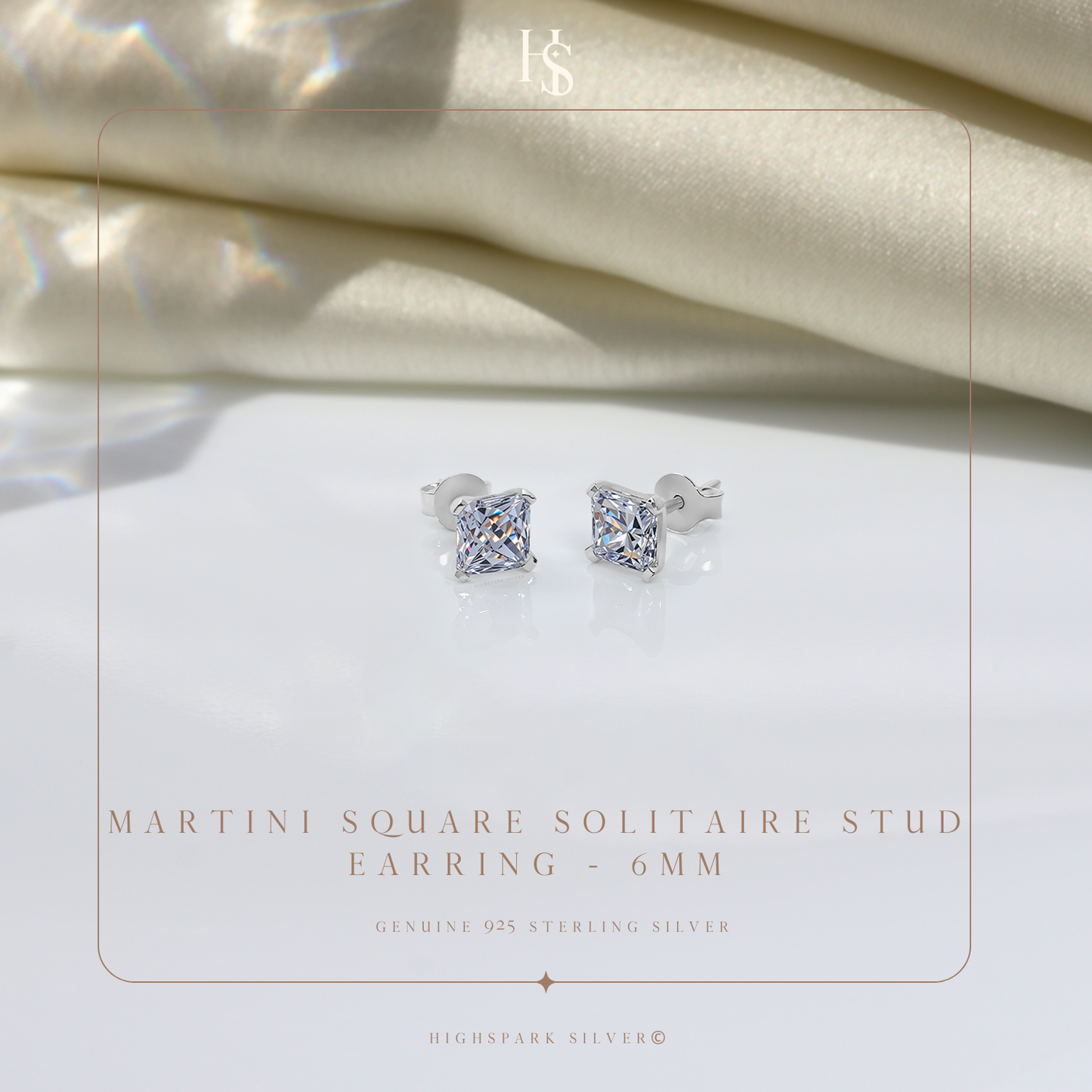 Solitaire Martini Princess Cut Studs in 925 Sterling Silver For Women