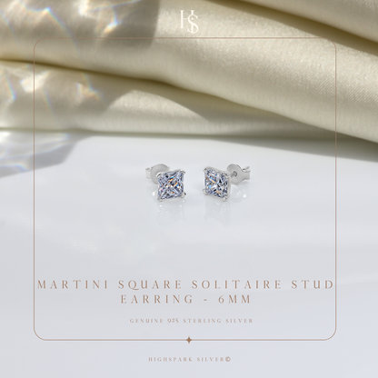 Solitaire Martini Princess Cut Studs in 925 Sterling Silver For Women