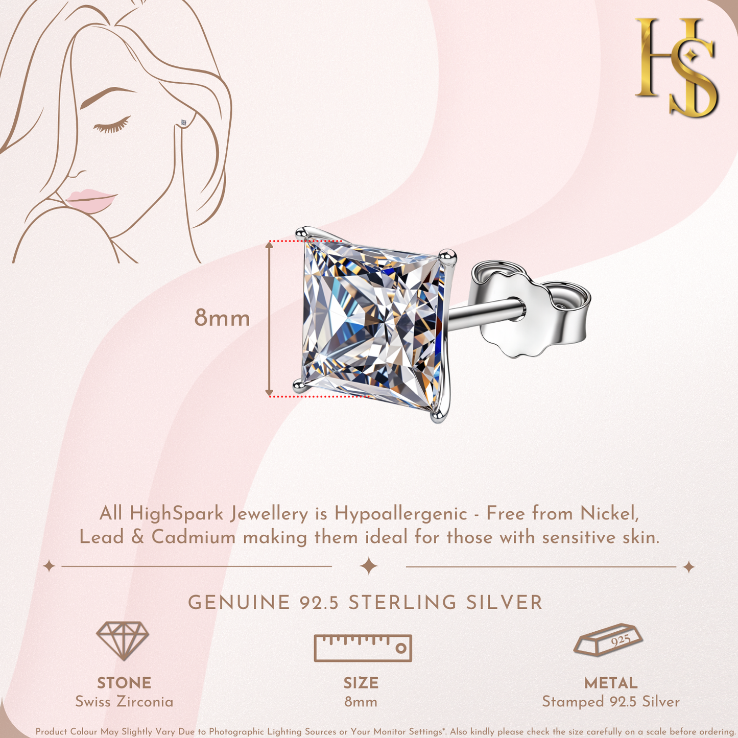Solitaire Martini Princess Cut Studs in 925 Sterling Silver For Women