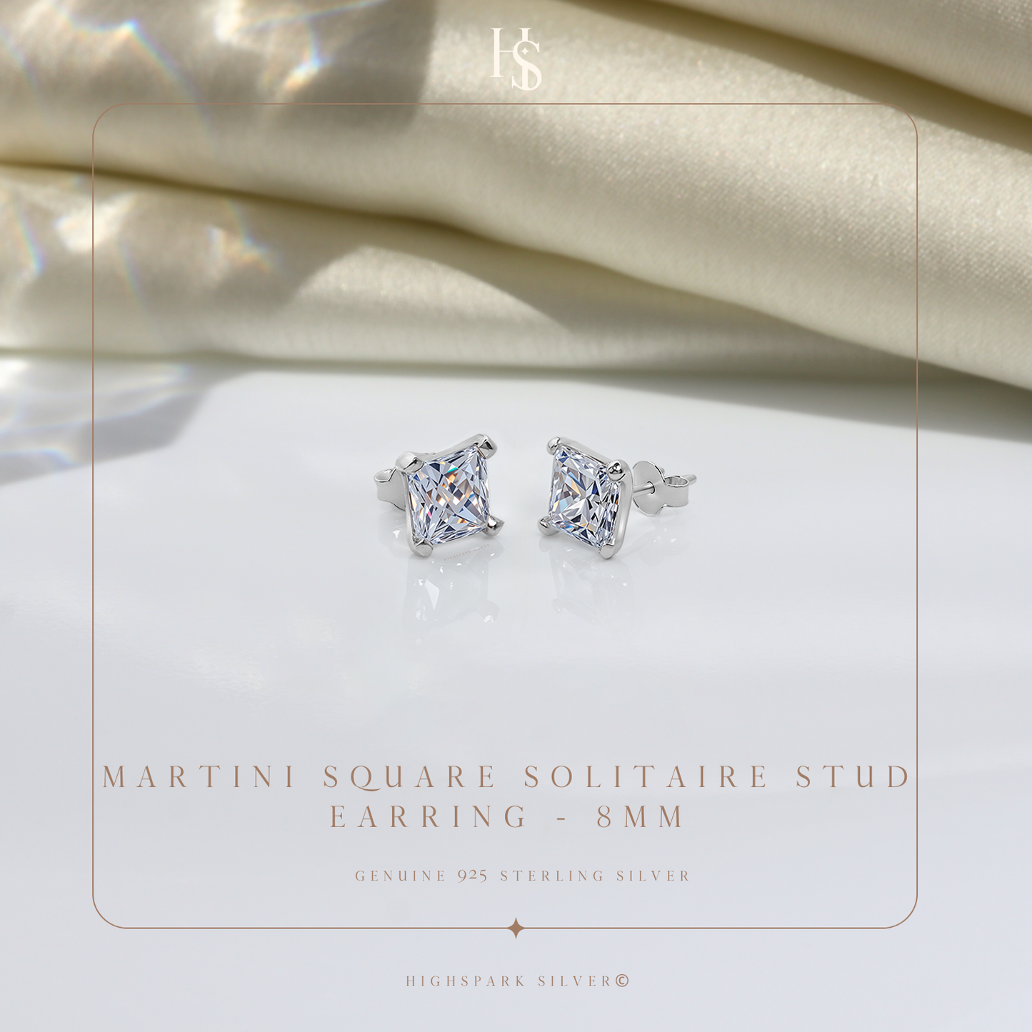 Solitaire Martini Princess Cut Studs in 925 Sterling Silver For Women
