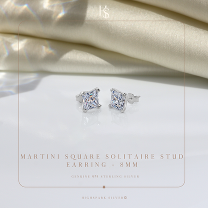 Solitaire Martini Princess Cut Studs in 925 Sterling Silver For Women