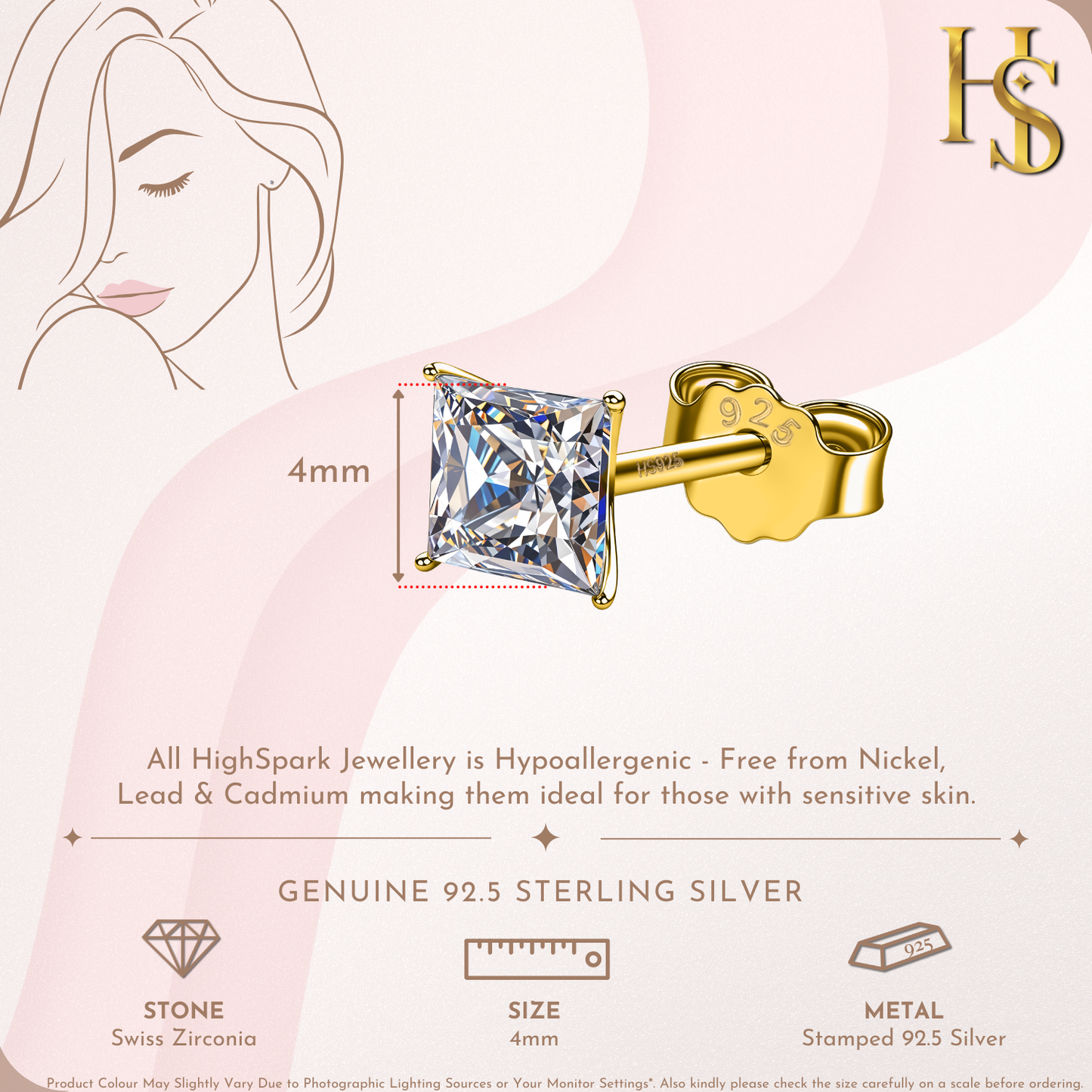 Martini Square Solitire Stud Earring in 925 Sterling Silver with 18k Gold Finish For Women