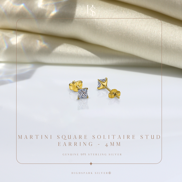 Martini Square Solitire Stud Earring in 925 Sterling Silver with 18k Gold Finish For Women