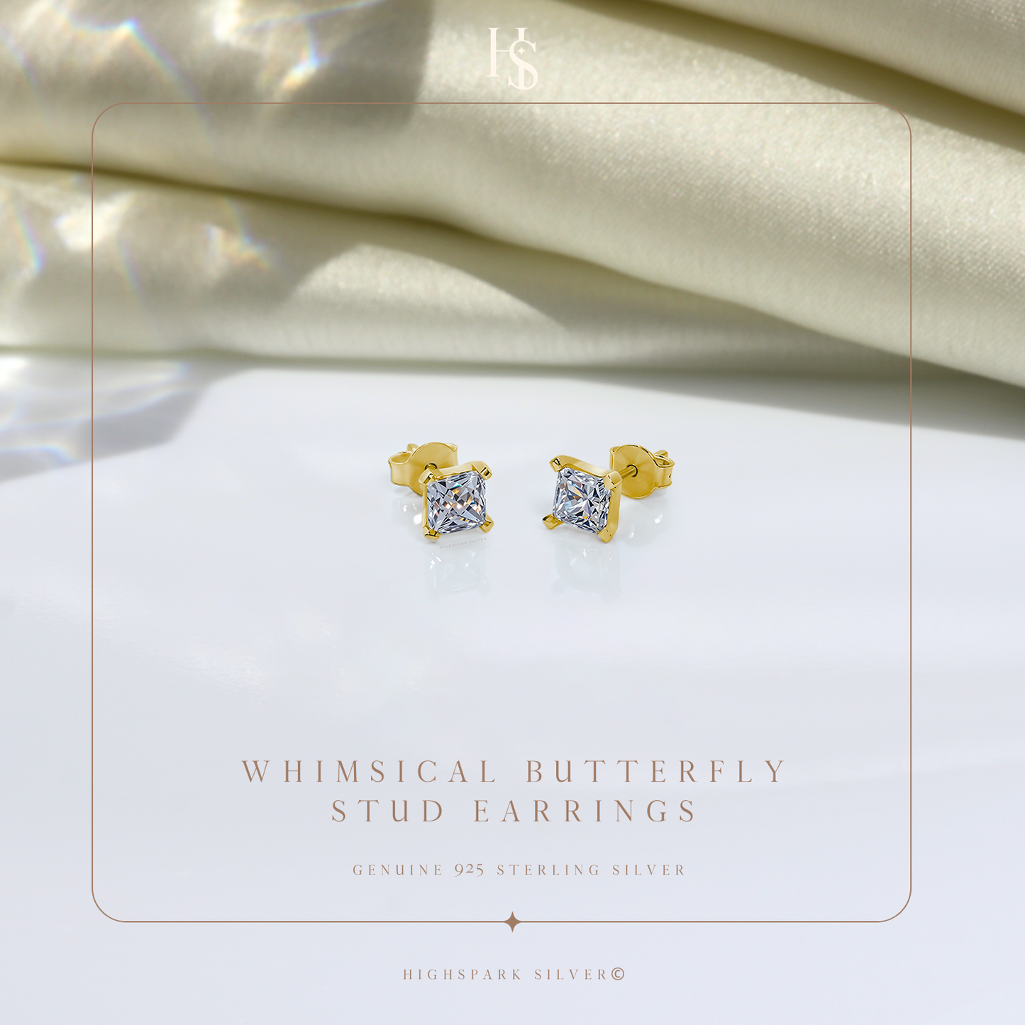 Martini Square Solitire Stud Earring in 925 Sterling Silver with 18k Gold Finish For Women