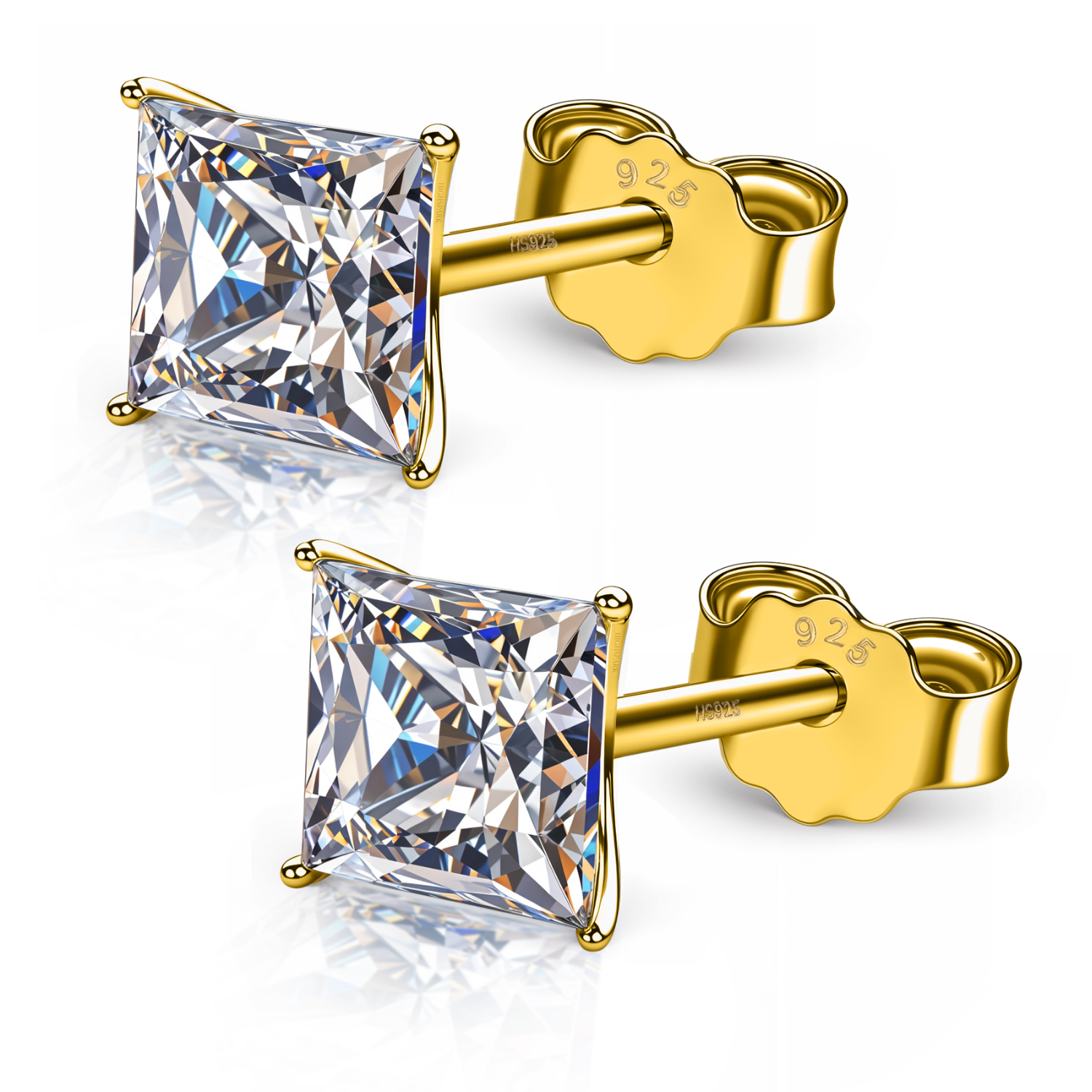 A pair of gold-plated stud earrings with square-cut American diamonds in a four-prong setting, shown on a plain white background.
