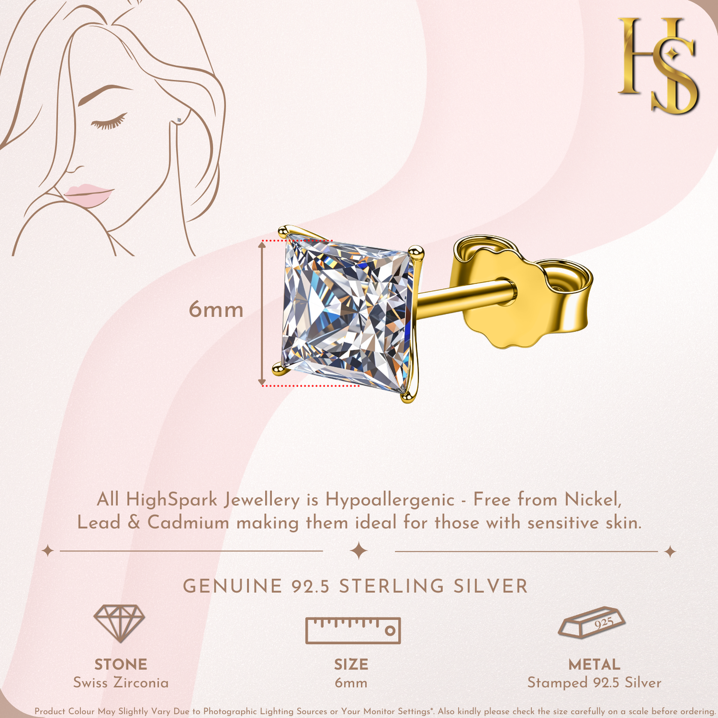 Martini Square Solitire Stud Earring in 925 Sterling Silver with 18k Gold Finish For Women
